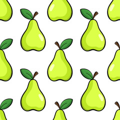 Green pears vector seamless pattern. Hand drawn fruits on white background.