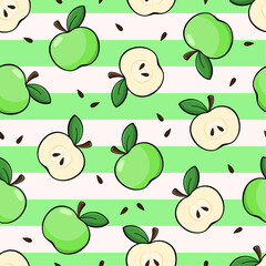 Apples vector seamless pattern. Green apples, cut slices and seeds on white striped background.
