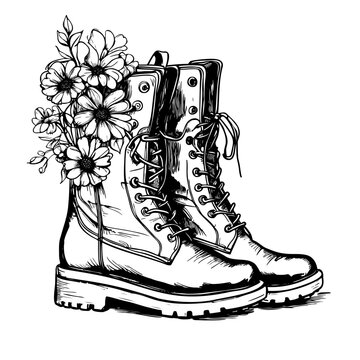 Sketch boots with Flowers isolated on white background. Sketch hand drawn vector close-up illustration for design. Isolated vector print illustration.