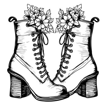 Sketch boots with Flowers isolated on white background. Sketch hand drawn vector close-up illustration for design. Isolated vector print illustration.