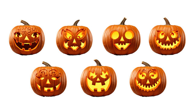 Set of scary Halloween pumpkins on transparent background, image with background removed, created with Generative Ai technology.