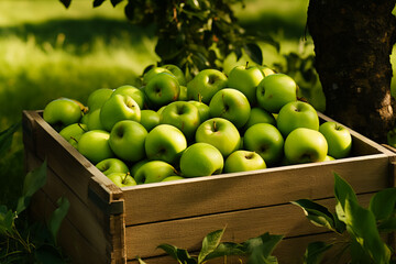green apples in wooden crate in orchard. harvest concept