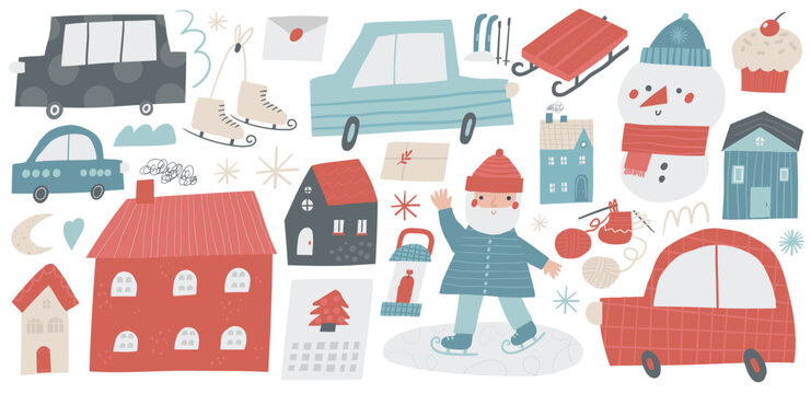 Christmas, New Year winter doodle objects set, Santa, houses, cars, skate, ski, yarn, lamp, snowman, cupcake, sledges, snowflakes calendar gift envelope moon hear Funny cartoon style icons set