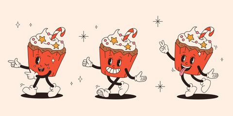 Fototapeta premium Funny Retro cartoon christmas Character in groovy funky 50s, 60s, 70s Vintage Style. Happy new year mascot of cupcake. Xmas vintage characters.