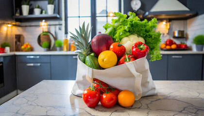 fresh vegetables and fruits in a modern kitchen in a shopping bag