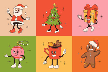 Obraz premium Christmas retro collection 30s cartoon mascot characters. Santa, Christmas tree, sock, cup. 50s, 60s old animation style. Vintage comic merry Christmas vector. Cheerful, happy emotions