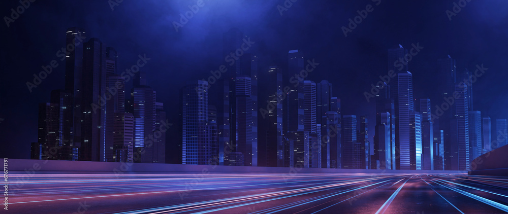 Wall mural 3d rendering of warp speed in hyper loop with blur light from buildings' lights in mega city at nigh