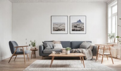 Interior design photo frame mock-up living room minimalist cozy Scandinavian style. sofa, tropical plant, pillows, blanket and lamp