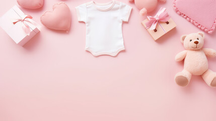 baby toys, clothes on pink background, copy space