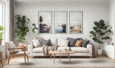 Interior design photo frame mock-up living room minimalist cozy Scandinavian style. sofa, tropical plant, pillows, blanket and lamp