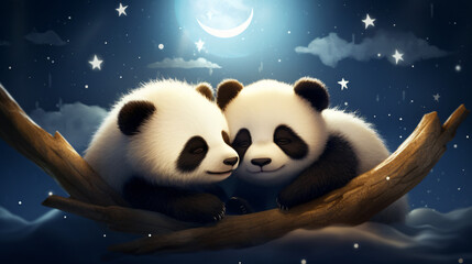 In this magical scene an adorable baby cartoon two panda - obrazy, fototapety, plakaty