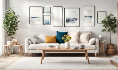 Interior design photo frame mock-up living room minimalist cozy Scandinavian style. sofa, tropical plant, pillows, blanket and lamp - obrazy, fototapety, plakaty