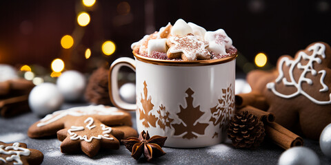 Fototapeta na wymiar Christmas drink, hot chocolate with marshmallows, whipped cream and cookies. holiday image with hot drink, christmas decorations
