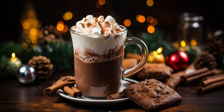 Christmas drink, hot chocolate with marshmallows, whipped cream and cookies. holiday image with hot drink, christmas decorations