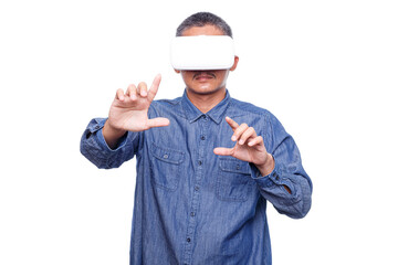 Man wearing virtual reality headset isolated on white background.  trying to touch something with hand