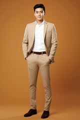 full length image of young asian businessman, single color background, generative ai - obrazy, fototapety, plakaty