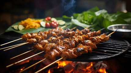 Shish kebab on the grill. Satay cooked with herbs and spices on a barbecue grill. Grilled meat satay - obrazy, fototapety, plakaty