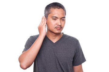 Man has sore ear. Isolated on white background. Healthcare and health problem concept
