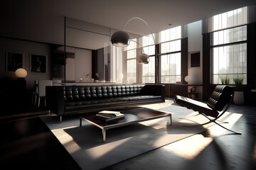 Bauhaus style interior of living room in dark colors.