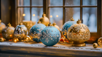 Winter Splendor: Elegant Christmas Ornaments on Rustic Wood