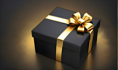 Black gift box with gold ribbon on the black background. Background for Black Friday