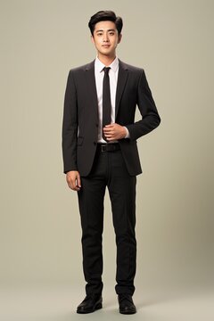 full length image of young asian businessman, single color background, generative ai