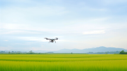 Fototapeta na wymiar drone flies over a rice field in a rice field, Modern technology in agriculture