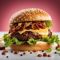 a Cajun Burger, The juicy beef patty, seasoned with Cajun spices, offers a bold and flavorful kick. It is topped with melted pepper jack cheese, crispy fried onions, fresh lettuce