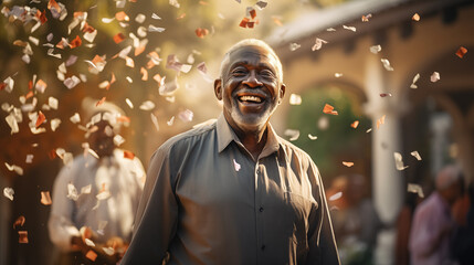Candid photo of an elderly man is very happy, he won a Prize in the lottery 