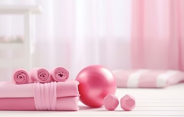 pink sport equipment ball, mat on white wooden floor light room for fitness design