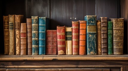 Old books on wooden shelf