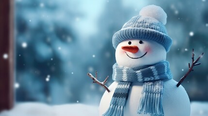 Cute snowman with scarf and hat outside the window. Winter holiday christmas greeting card concept - obrazy, fototapety, plakaty