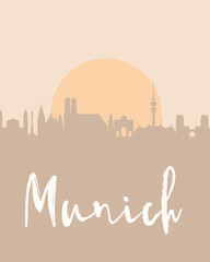 City poster of Munich with building silhouettes at sunset