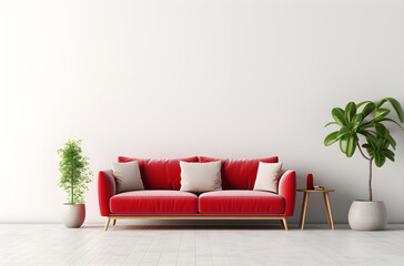 Empty living room interior with a red leather sofa in front of a white wall, interior design of a minimalist living room in a white room, blank living room mockup, modern living room, wooden floor