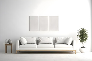 Empty living room interior with a white sofa in front of a white wall, interior design of a minimalist living room in a white room with blank poster frame mockup, modern living room, wooden floor