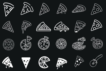Pizza, vector illustration, icon set. Collection of pizza slices, whole pizzas in different styles. Perfect for restaurant menu, food delivery, pizza lovers