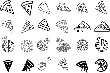 Pizza icons, hand drawn vector illustration, black and white doodle style. Icons include various pizza types, pepperoni, cheese, mushroom, Hawaiian, Margherita, Neapolitan, Sicilian, pizza cutters