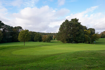 Fototapeta na wymiar Golf course landscape. putting green surrounded by trees on golf course hole. Public sporting venue 