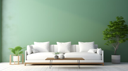 Empty living room interior with a white sofa in front of a green wall, interior design of a minimalist living room in a green room, blank living room mockup, modern living room, white pillow