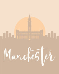 City poster of Manchester with building silhouettes at sunset