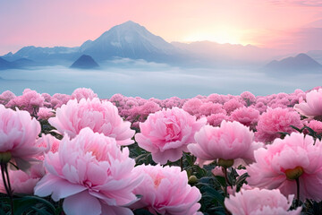 Endless fields of pale pink peony flowers in fog. Generative AI