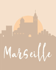 City poster of Marseille with building silhouettes at sunset