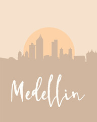 City poster of Medellin with building silhouettes at sunset
