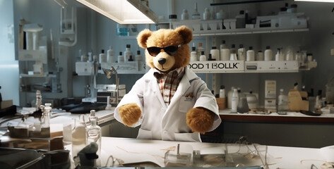 person in a factory, polo ralph lauren teddy bear in a lab coat on his - obrazy, fototapety, plakaty