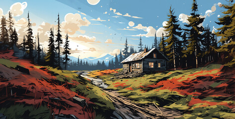 sunset in the mountains, 2d vector pop art cabin next to shed in the woods