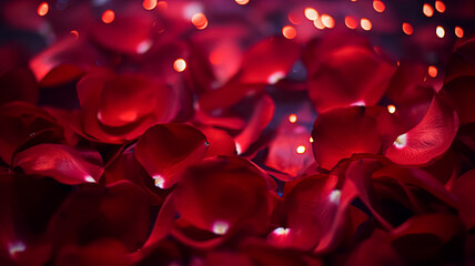 Valentines day background with red rose petals and bokeh lights, symbol of love, romance and commitment