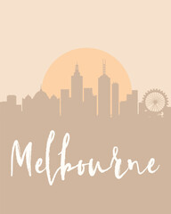 City poster of Melbourne with building silhouettes at sunset