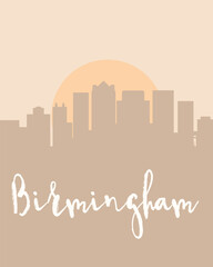 City poster of Birmingham with building silhouettes at sunset