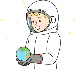 Boy dressed as astronaut is holding miniature planet earth, located in space with starry sky
