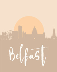 City poster of Belfast with building silhouettes at sunset